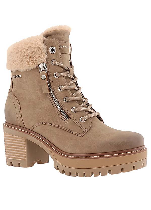 Tom Tailor Lace Up Faux Fur Trim Ankle Boots