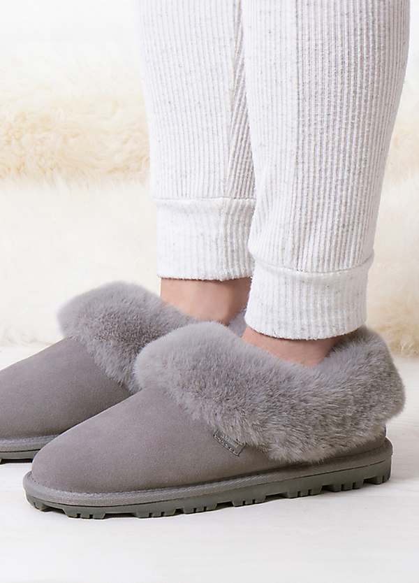 Totes Isotoner Ladies Real Suede Grey Bootie Slippers With Fur