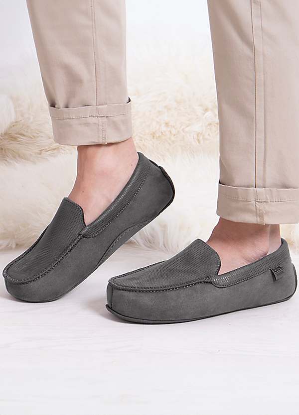 Totes Isotoner Men's Square Patterned Grey Smart Moccasin Slippers