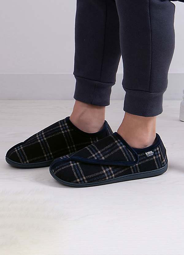 Totes Isotoner Mens Navy Check Velour Closed Back Slippers Freemans