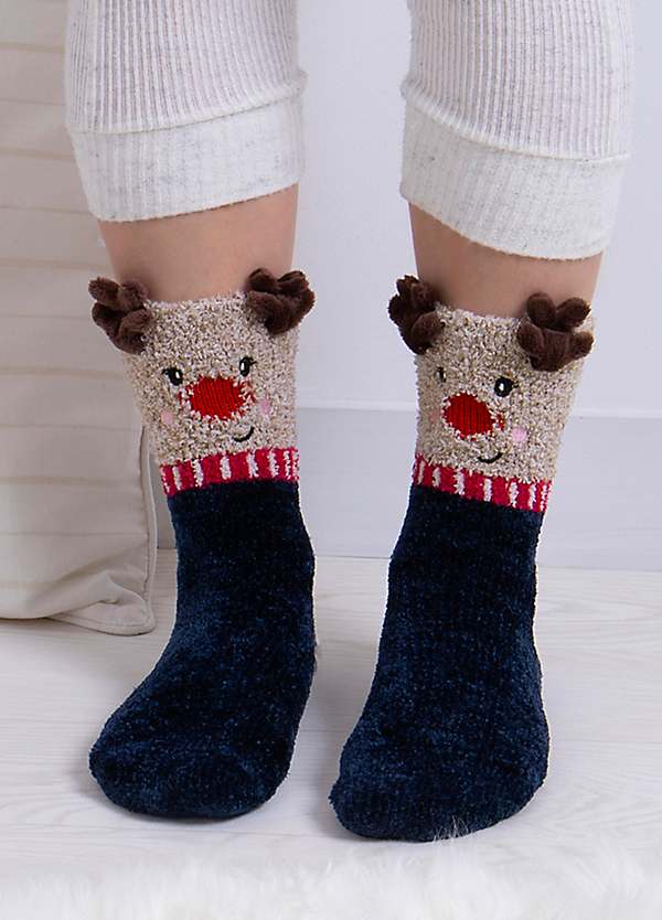 Totes Ladies 1 Pack Christmas Reindeer Super Soft Slipper Socks Freemans