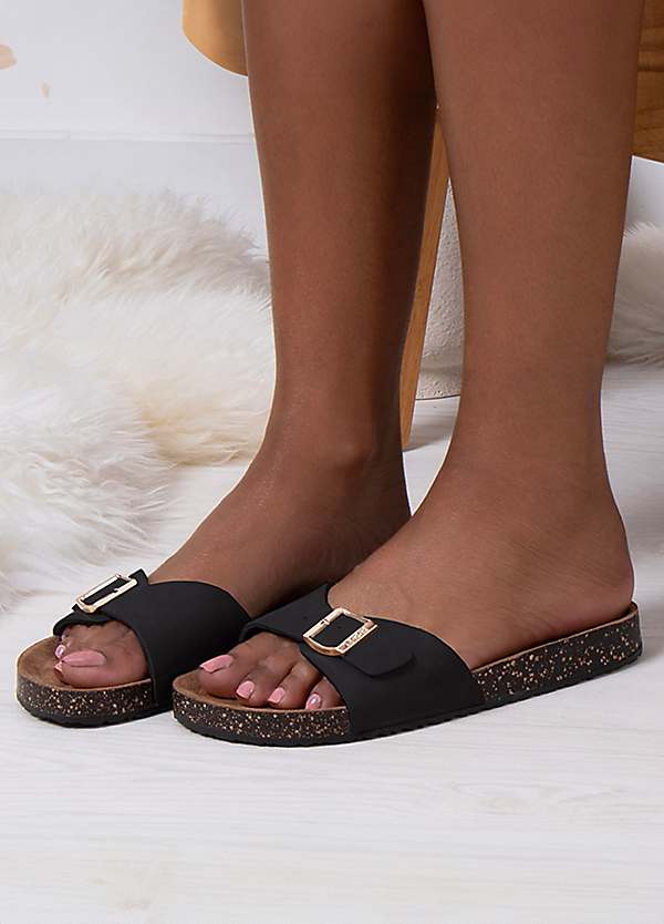 Totes Ladies Black PU Buckle Sliders Freemans