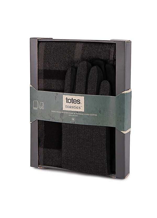 Totes Men's Wool Blend Check Scarf Thermal Lined Gloves Set