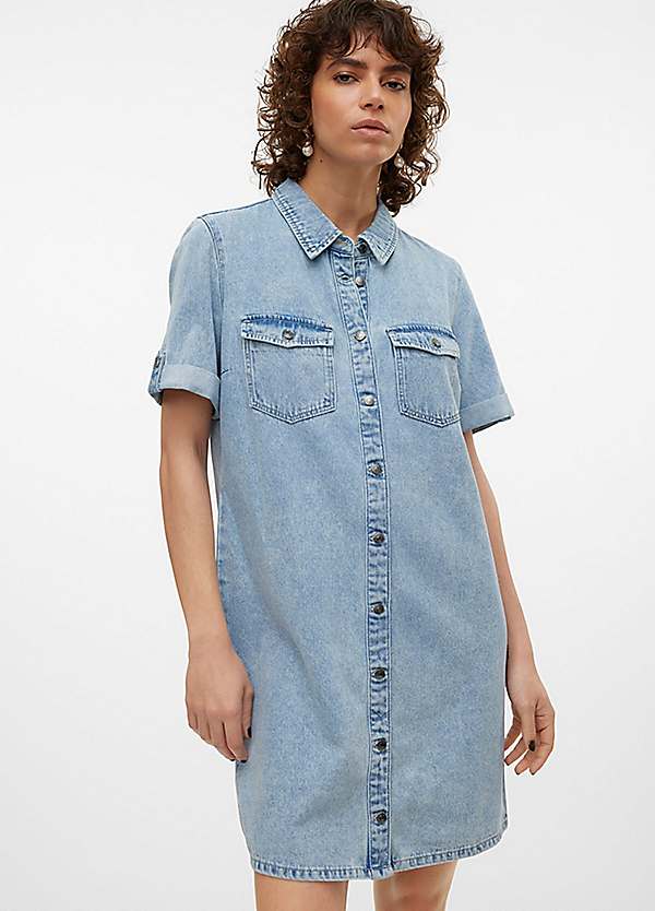vero moda denim dress Vero Moda Daisy 2/4 Denim Short Sleeve Short Dress Blue L Woman 10346217-MEDIUMBLUEDENIM-L