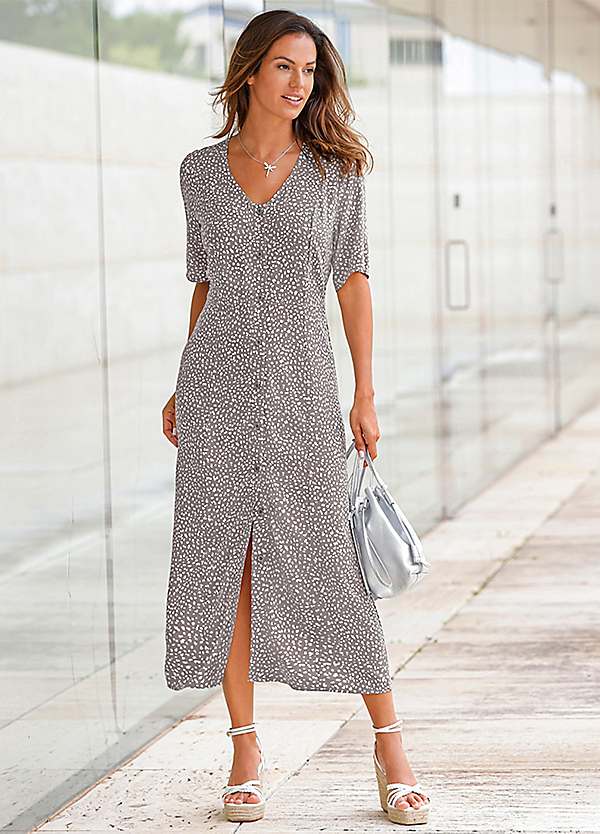 knee length dresses for ladies Pink Batik Print V-Neck Cinched Waist Midi Dress