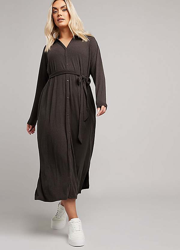 black ribbed tie waist midi dress