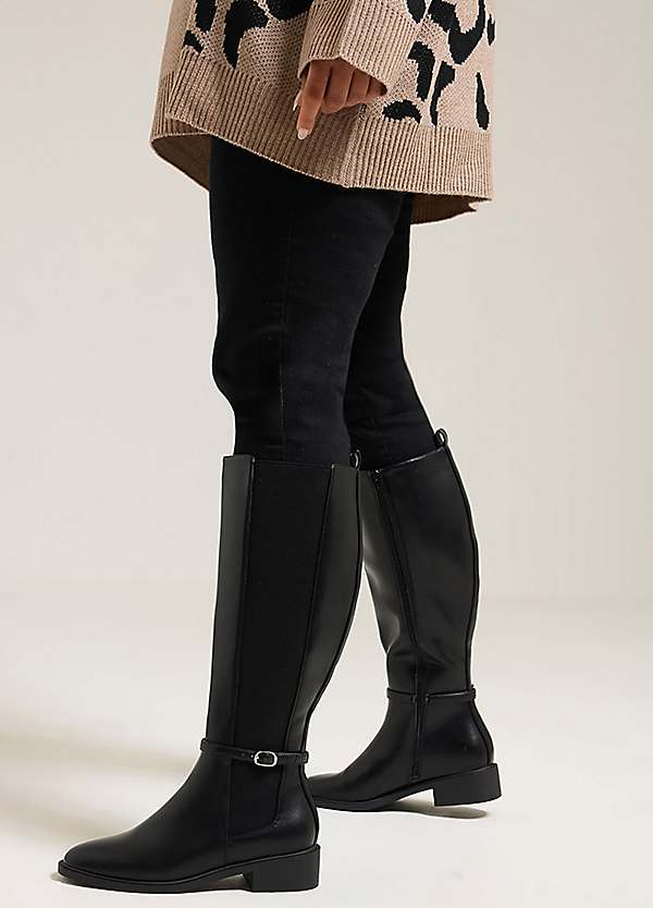 Yours Curve Faux Leather Buckle Knee High Riding Boots in Extra