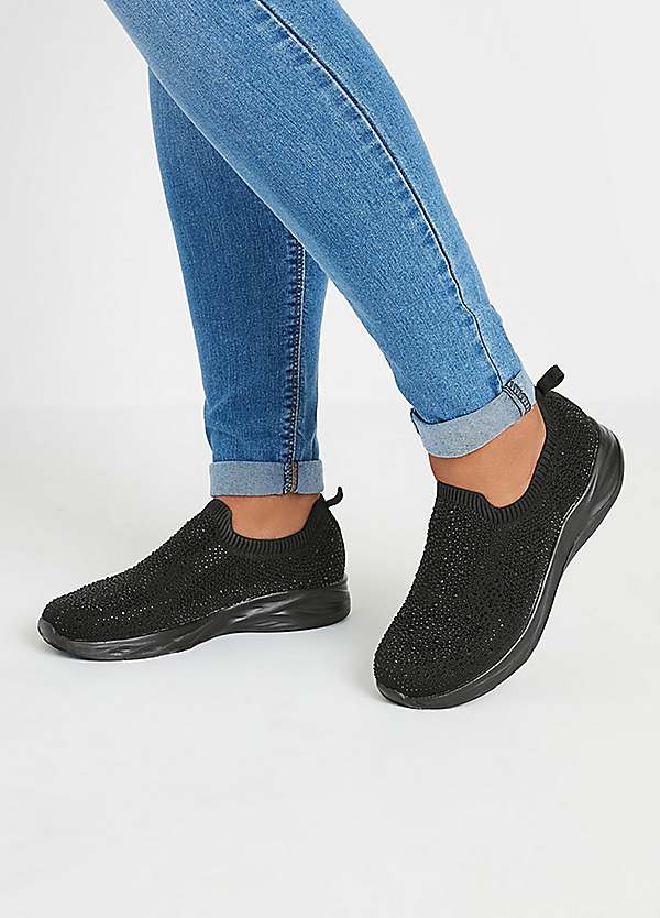 Yours Extra Wide EEE Fit Diamante Knitted Slip-On Trainers Freemans