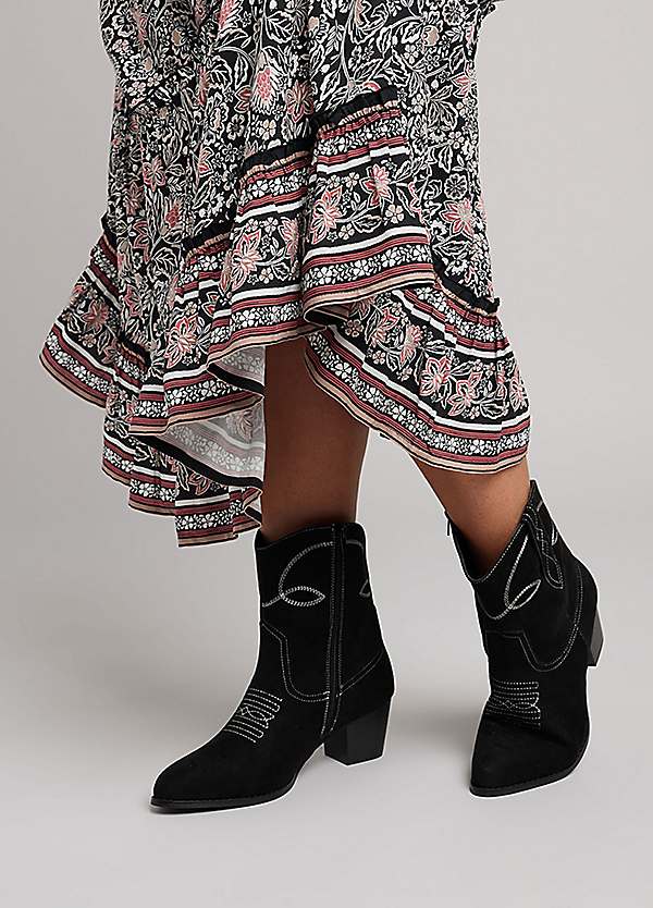 Yours Extra Wide EEE Fit Faux Suede Contrast Stitch Western Heel