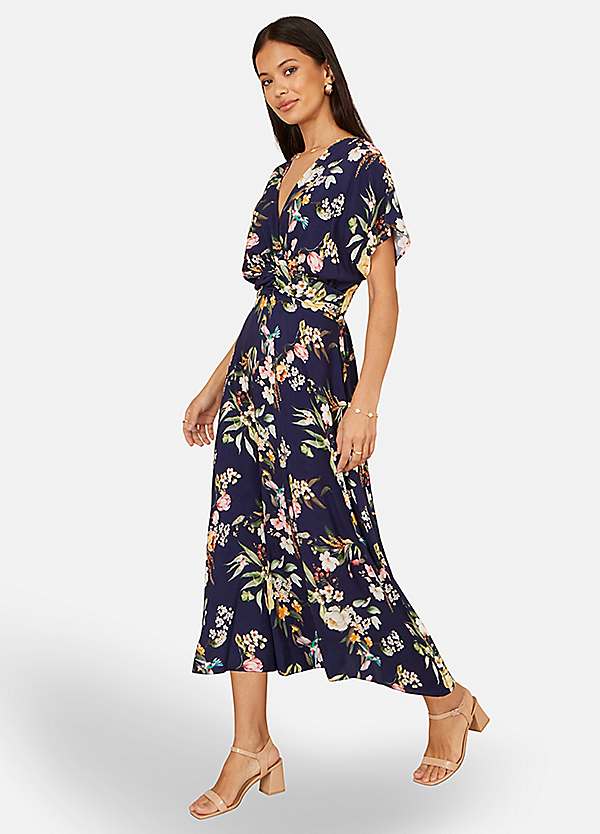 Yumi Viscose Floral Print Midi Dress with Ruched Waist | Freemans Yumi Viscose Floral Print Midi Dress with Ruched Waist | Freemans