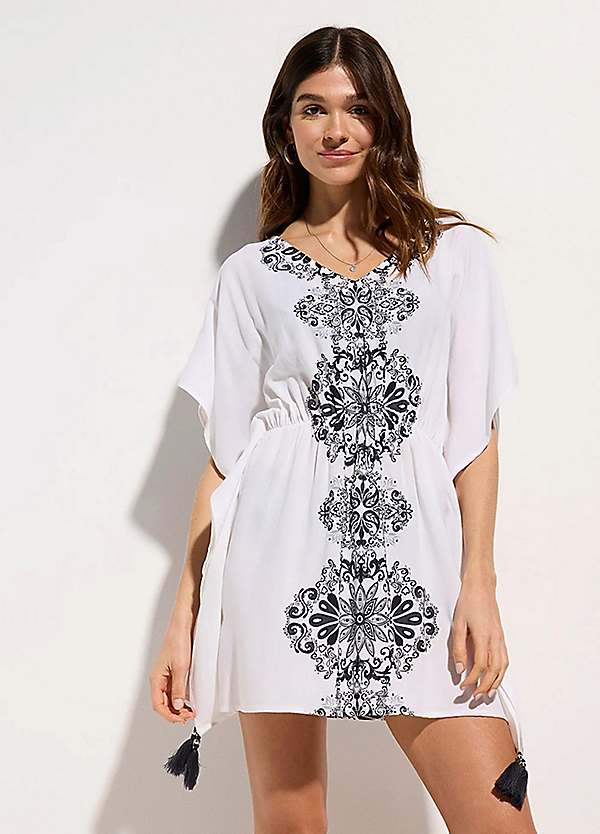 Bimba Women's Printed Boho Kaftan Top - Loose Casual Tunic With Side Dori Tie, Cotton