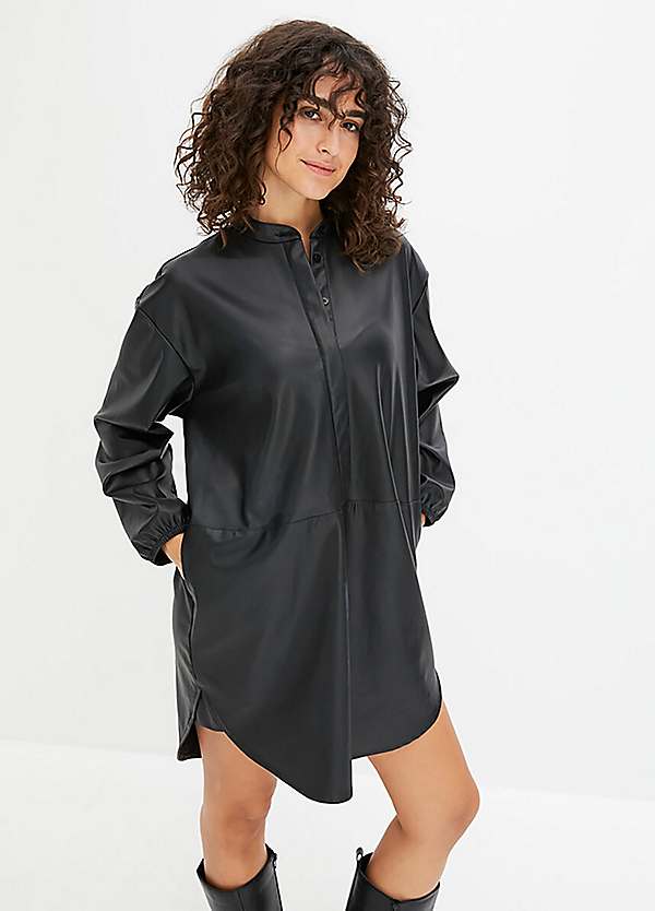 slim fit dress slacks INCOGNITO LASER CUT OUT FAUX LEATHER SHIRT DRESS  AKIRA