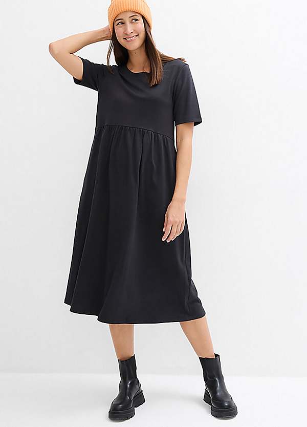 little black dress flare Black Fit and Flare Mini Dress - V-Neck Bubble Hem with Tie Straps main image 0