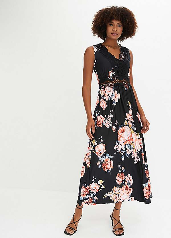 bonprix Floral Print Lace Trim Midi Dress Freemans