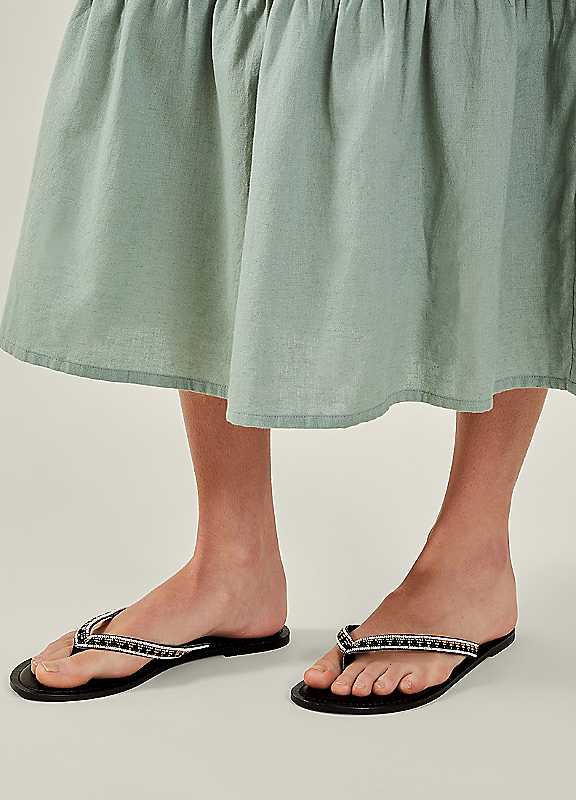 Accessorize Black / White Beaded Faux Leather Flip Flops Size 40