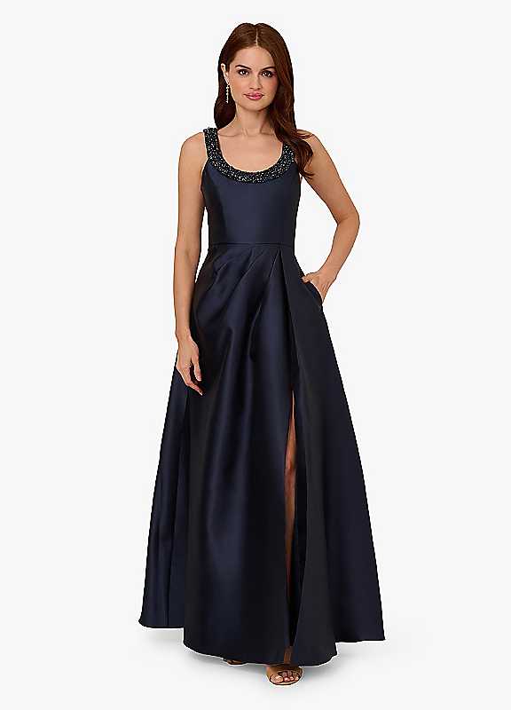 Adrianna Papell Midnight Beaded Mikado Gown Size 16