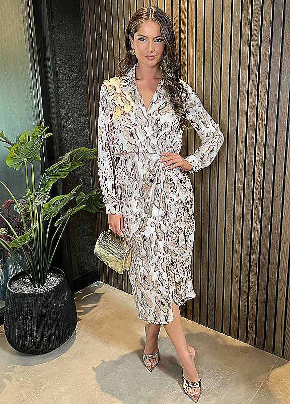 Ax Paris Cream Printed Collared Wrap Midi Dress Size 8