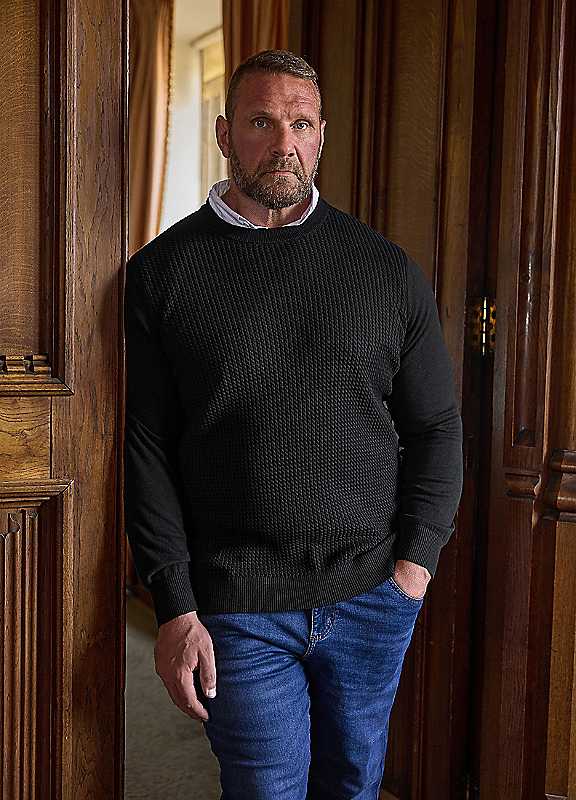 Badrhino Men's Black Cable Knit Mock Shirt Jumper In | Size: 2XL - Image 3
