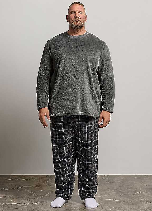 BadRhino Mens Fleece Check Lounge Set Pyjamas, Grey, Size 3Xl, Men - Image 2