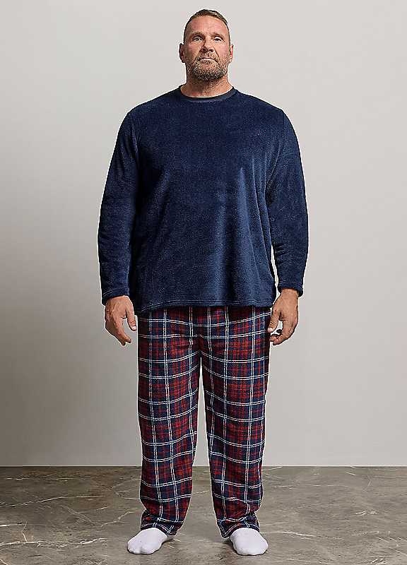 Badrhino Men's Mid Navy Check Fleece Lounge Set In | Size: 2XL - Image 2