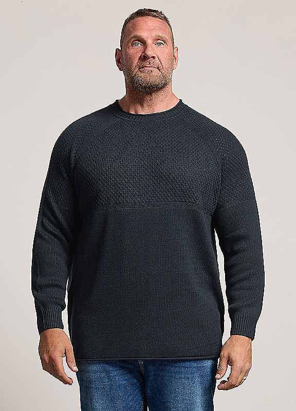 Badrhino Blue Half Textured Crew Neck Knitted Jumper