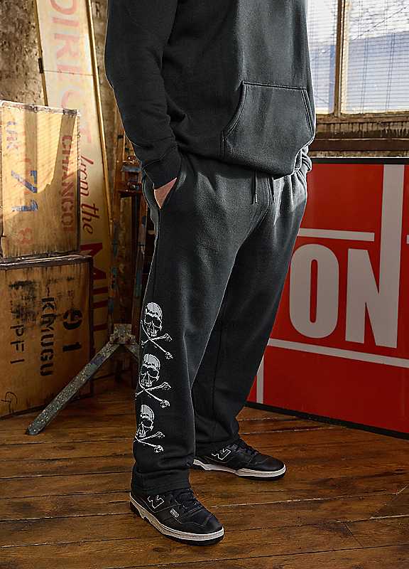 Badrhino Black Side Skull Open Hem Joggers