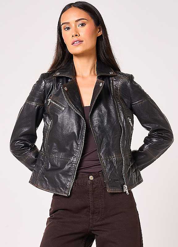 Barneys Originals Women's Black Washed Leather Biker Jacket In Size 18 - Image 7