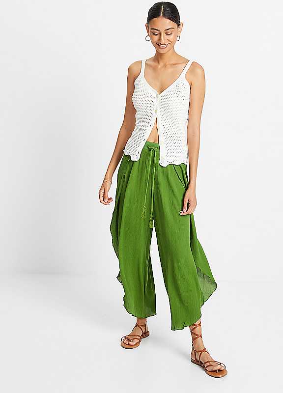 Bonprix Crinkle Effect Trousers Moss
