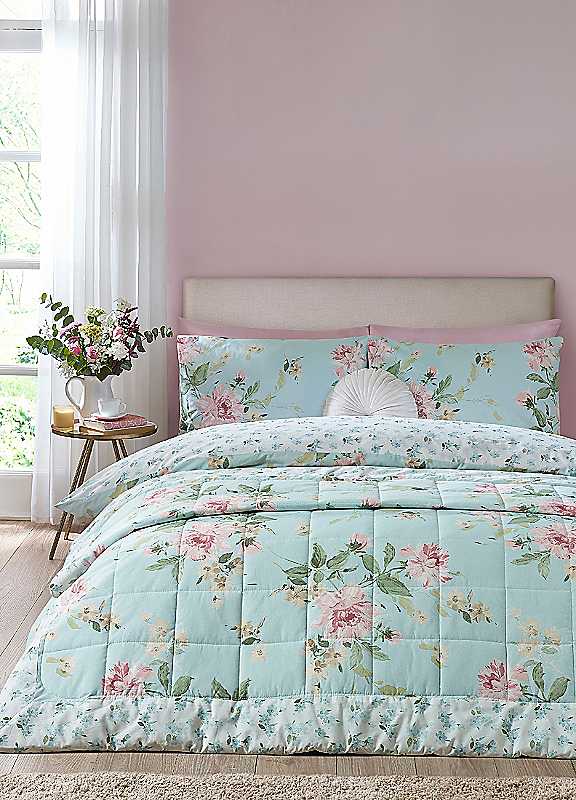 Catherine Lansfield Avebury Floral Reversible Quilted 220x230cm Bedspread Duck Egg Blue - Image 5