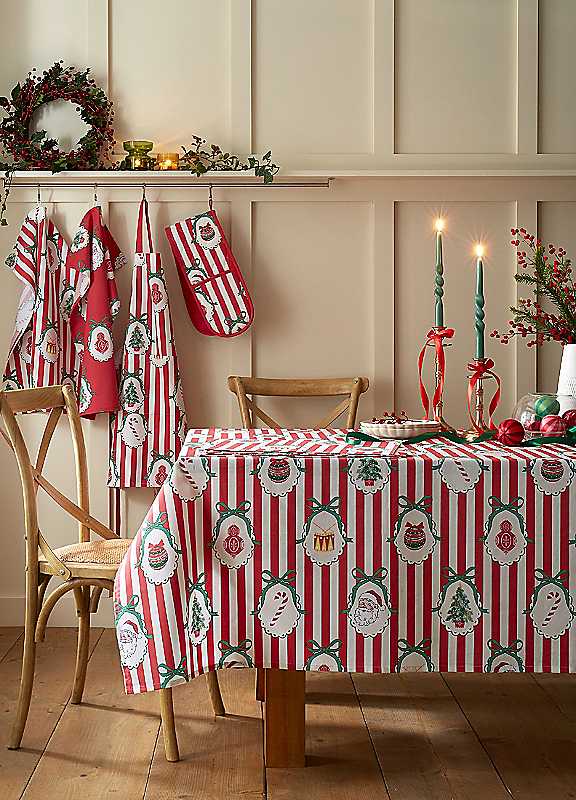 Catherine Lansfield Unisex Red 'Christmas Vintage Stripe' Cotton Table Cloth In | Size: 137 Cm X 178 Cm - Image 7