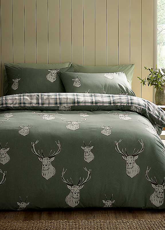 Catherine Lansfield Soft Green Stag Check Reversible Duvet Cover Set