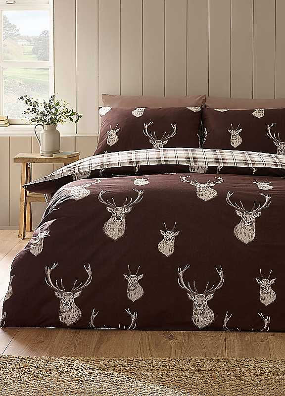 B&Q - Stag Check Reversible King Duvet Cover Set With Pillowcases Chocolate - Image 7