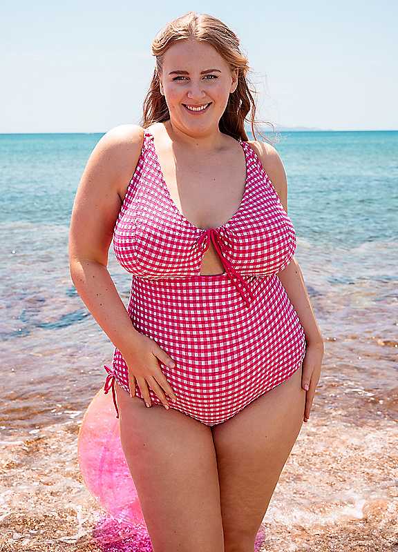 Curvy Kate Pink Holiday Check Nonwired Swimsuit 36J/Jj