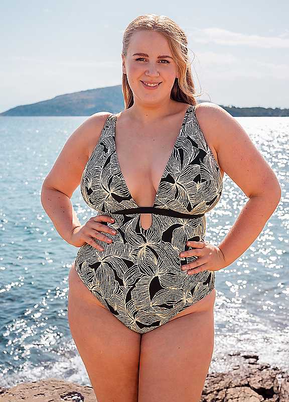 Curvy Kate Black Print Ripple Reef Reversible Nonwired Swimsuit 40J/Jj
