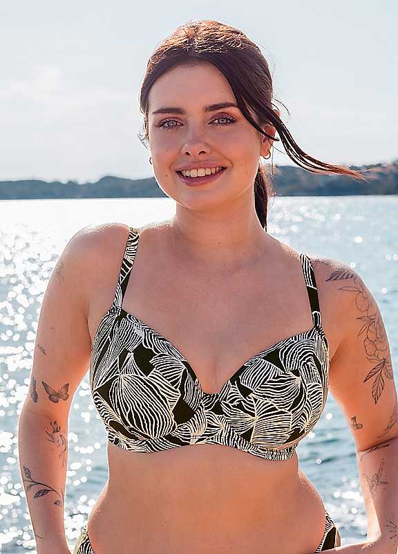 Curvy Kate Black Print Ripple Reef Underwired Balcony Bikini Top 38Ff