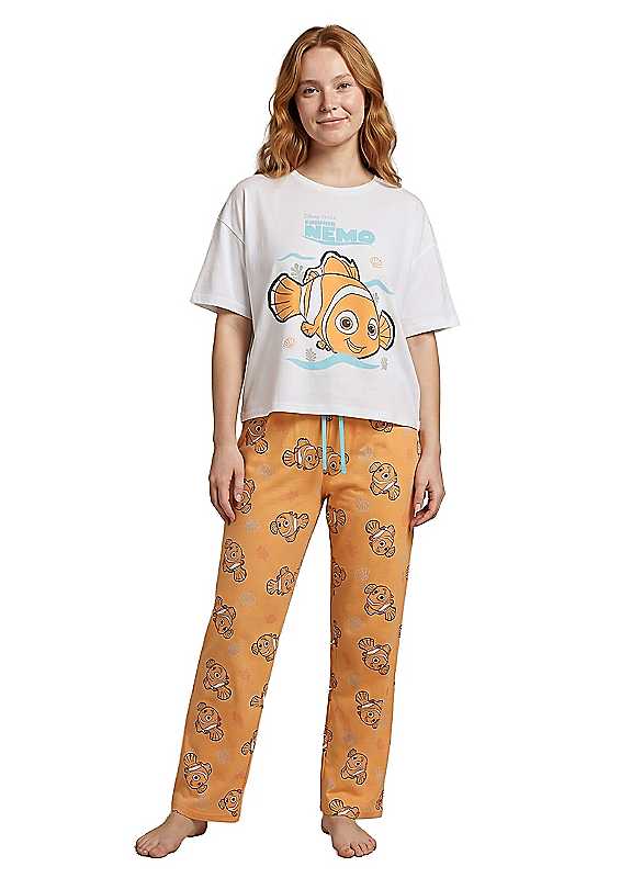 Disney Women's White Nemo Short Sleeve Long Leg Pyjama Set
