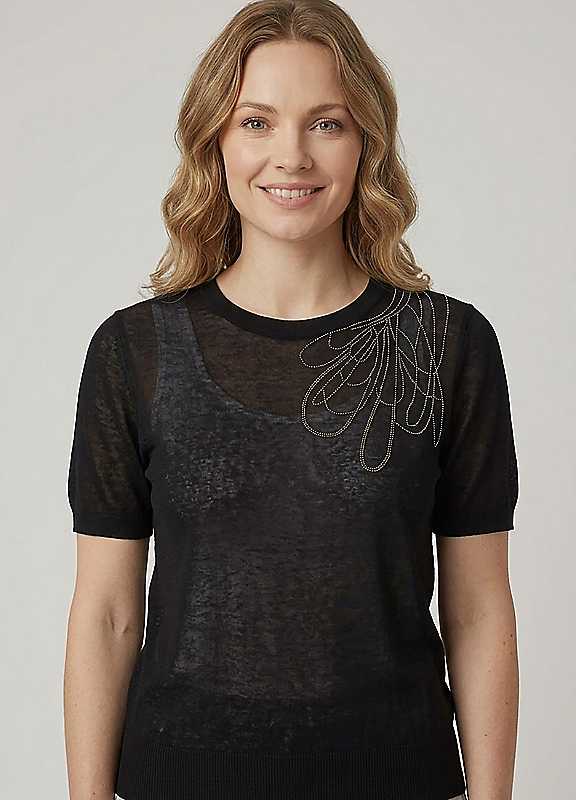 Izabel London Black Abstract Diamante Cap Sleeve Knit Top - 12 - Image 2