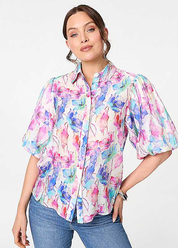 Izabel London Women's Pink Abstract 1/2 Puff Sleeve Boxy Blouse In | : Size 18 - Image 3