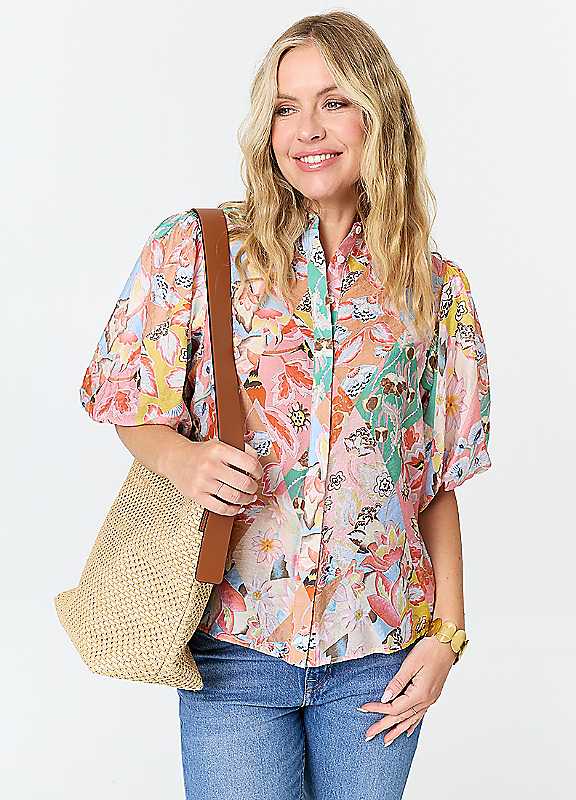 Izabel London Pink Abstract 1/2 Puff Sleeve Shirt - 18 - Image 3