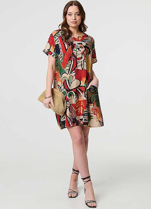 Izabel London Orange Multi Abstract Print Relaxed Short Shift Dress Medium
