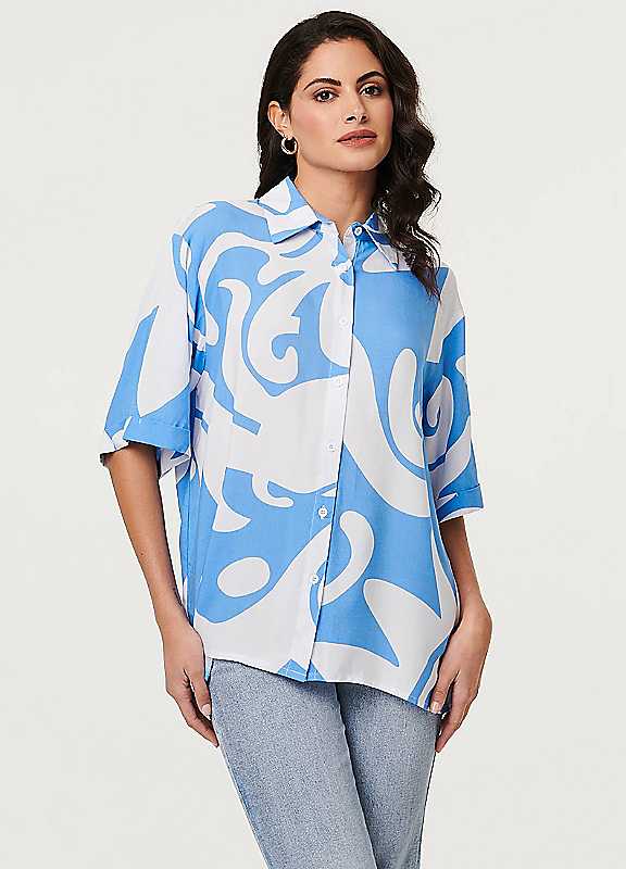 Izabel London Women's Blue Abstract Relaxed 1/2 Sleeve Shirt In Size 8 - Image 3