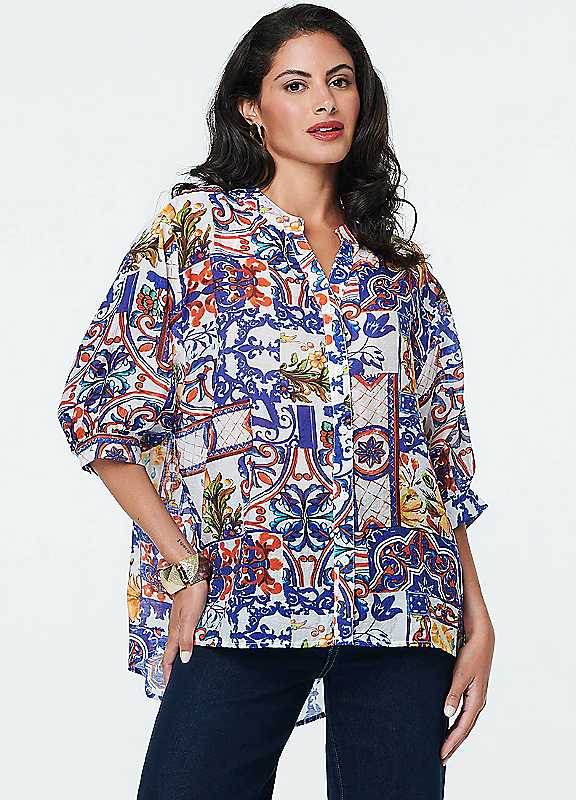 Izabel London Women's White Abstract Relaxed 3/4 Sleeve Blouse In Size 8 - Image 3