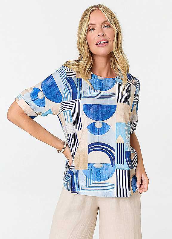Izabel London Light Abstract 1/2 Sleeve Relaxed Blouse - 10 - Navy - Image 2
