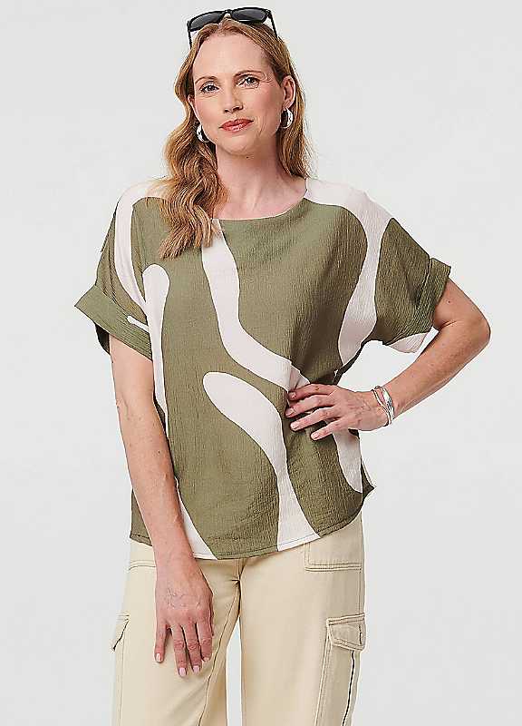 Izabel London Women's Khaki Abstract Short Sleeve Relaxed Blouse In | : Small - Image 2