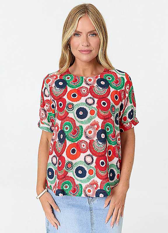 Izabel London Women's White Abstract Short Sleeve Relaxed Blouse Top In | Size: 16 - Image 2