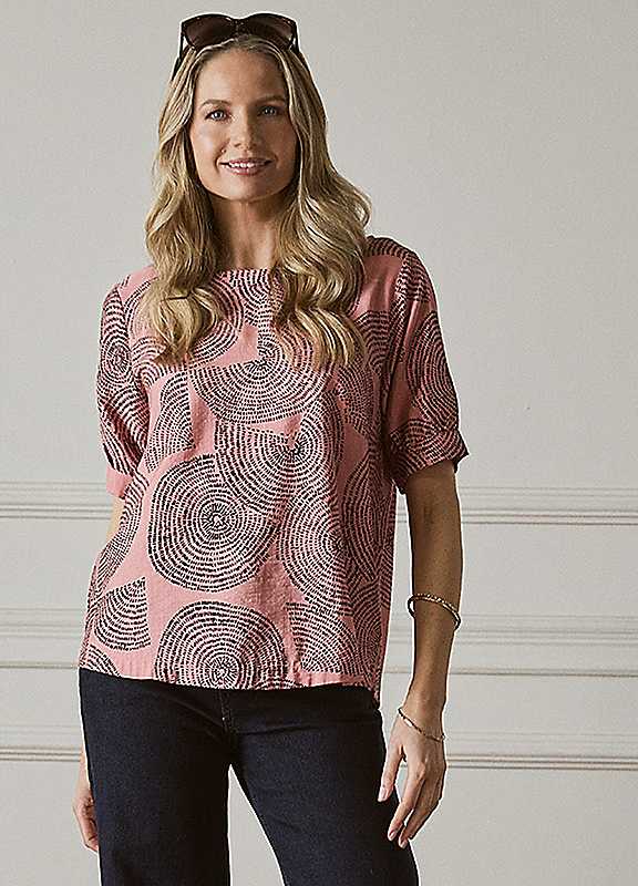 Izabel London Pink Multi Abstract Short Sleeve Relaxed Top