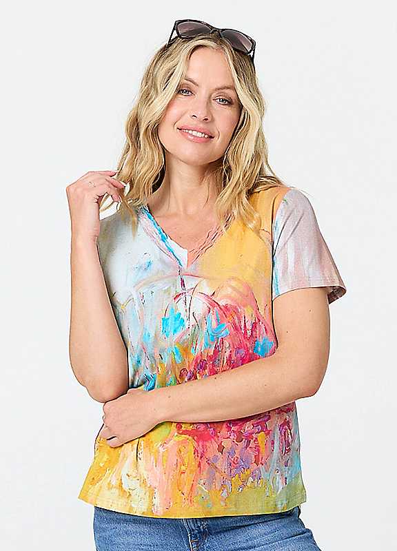 Izabel London Women's Abstract Short Sleeve V-Neck Top in Blue | Size: 18 - Image 2