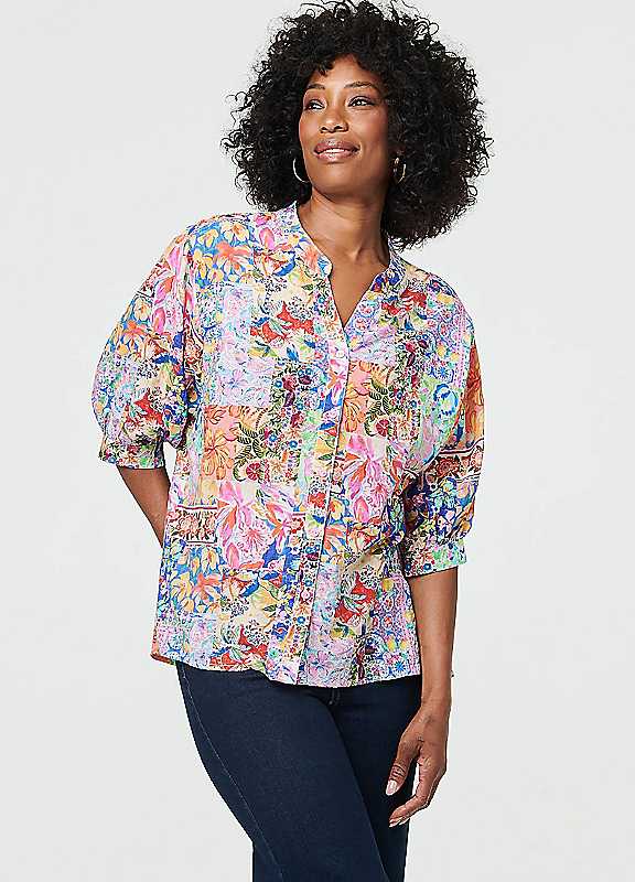 Izabel London Women's Blue Abstract 3/4 Buttons Curve Hem Blouse In | : Size 16 - Image 2