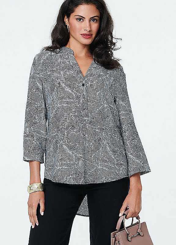 Izabel London Black Abstract 3/4 Sleeve Collarless Blouse - 8 - Image 3
