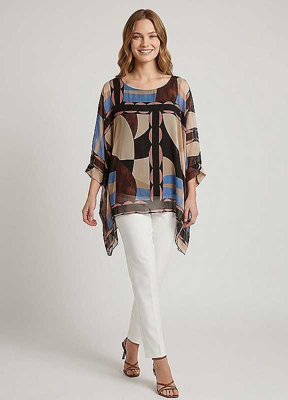 Izabel London Women's Black Abstract 3/4 Sleeve Layered Tunic Blouse Top In | : Medium - Image 2